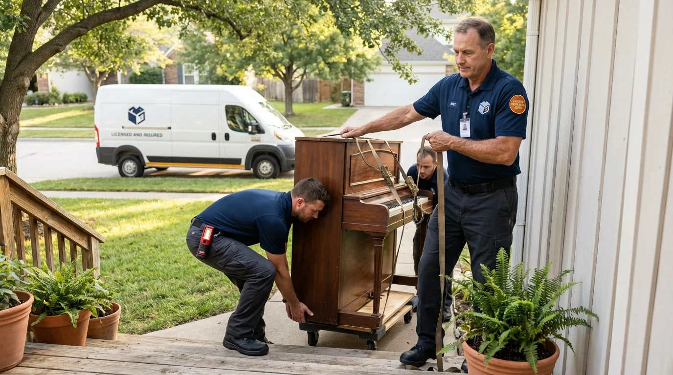 Licensed piano movers securing grand piano in Shelbyville, KY