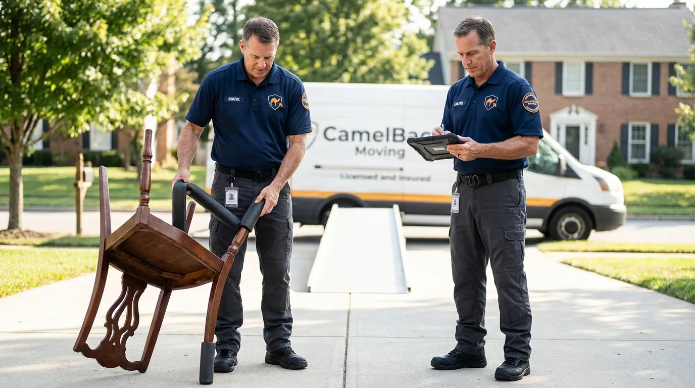 Movers inspecting furniture for damage prevention before loading in Shelbyville, KY
