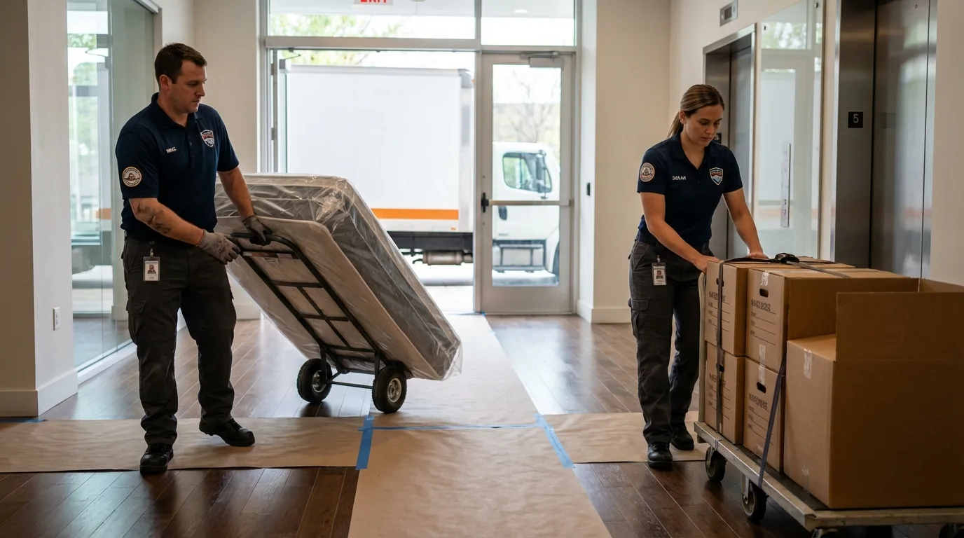 Professional apartment movers loading elevator in Shelbyville, KY