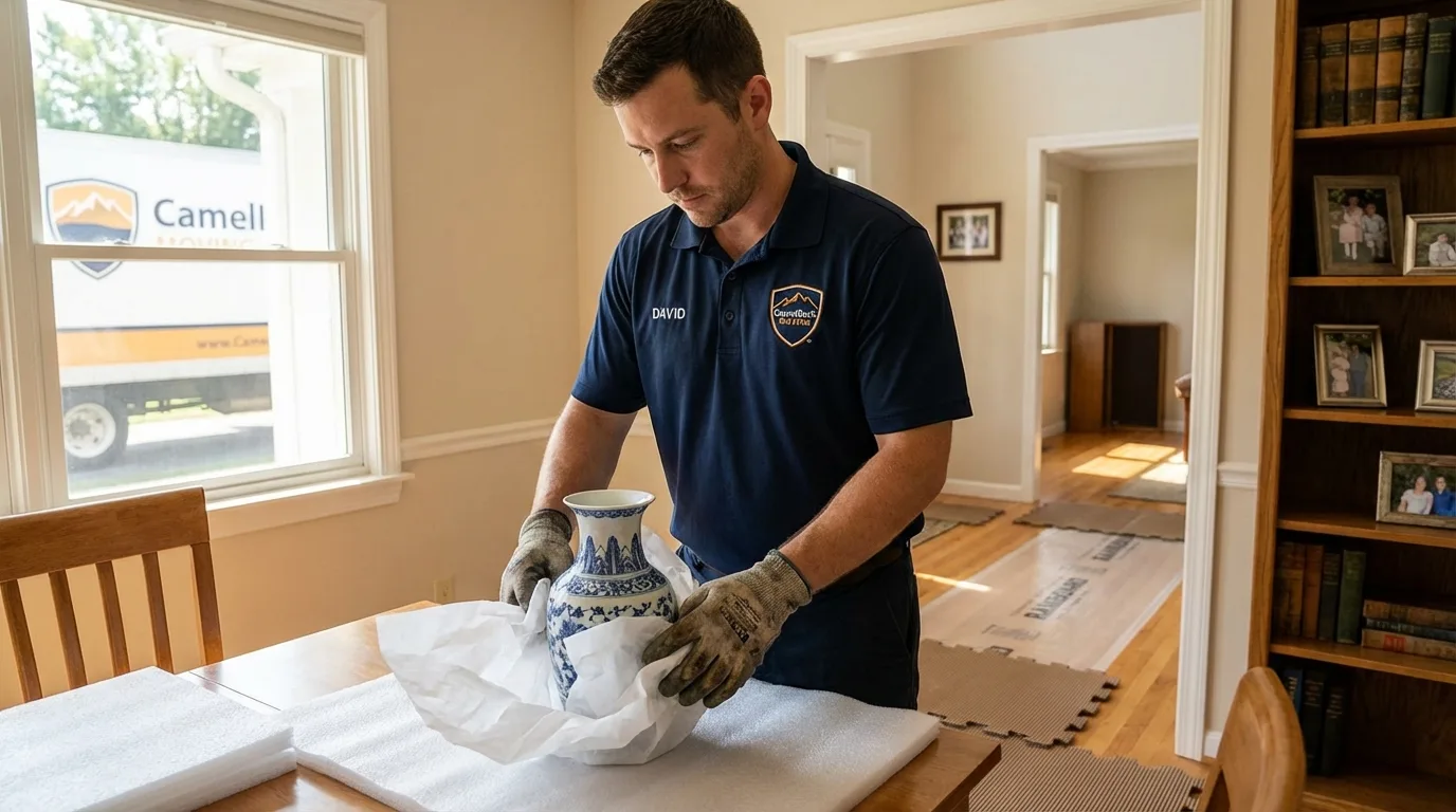 Professional crew carefully wrapping antique vase for senior downsizing move in Shelbyville, KY